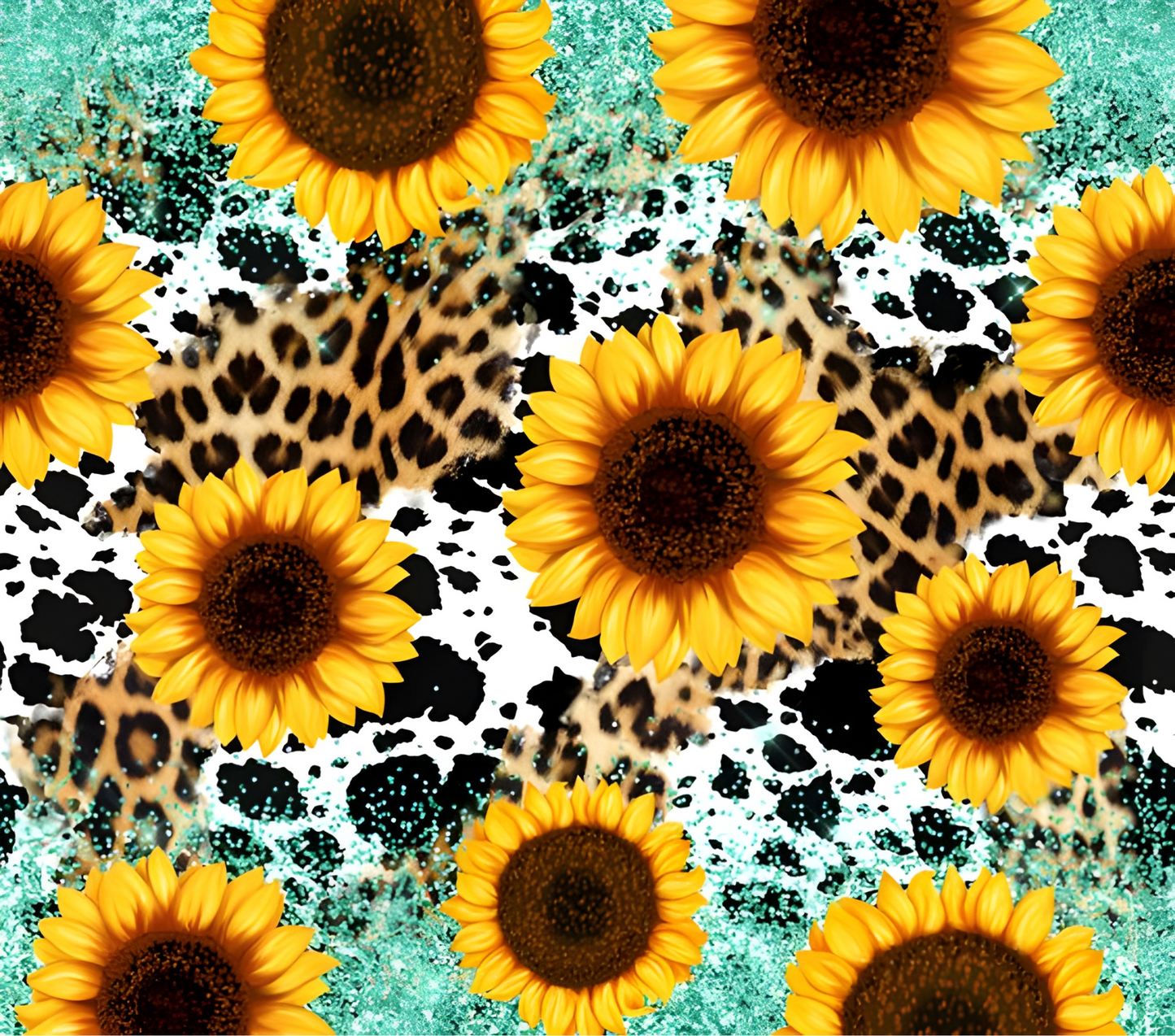 Leopard and Cow Print with Sunflowers and Teal Glitter Tumbler