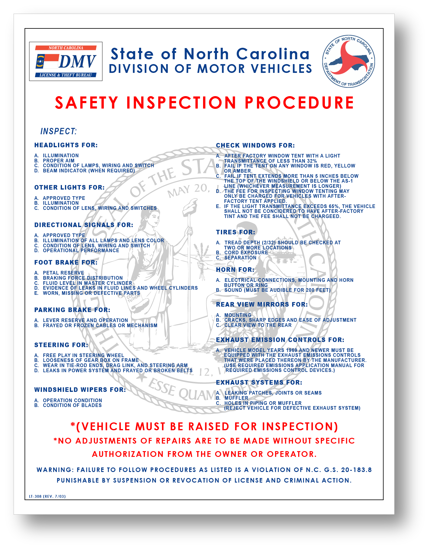 NCDMV Safety Inspections Procedures Vinyl Sticker