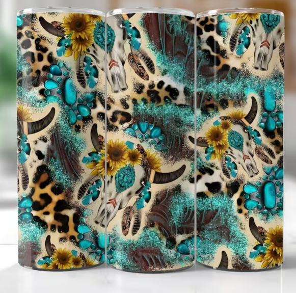Leopard print with Skull Sunflowers and Teal Glitter Tumbler
