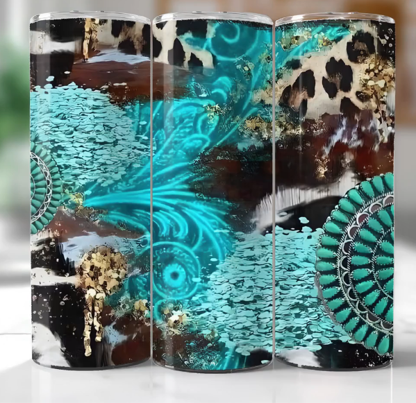 Leopard Print with Cowhide Glitter and Teal Feathers Tumbler