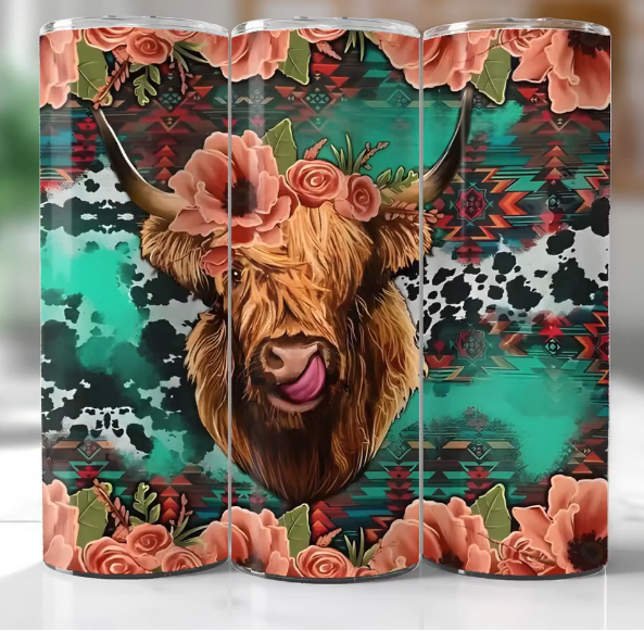 Highland Cow with Pink Flowers and Cow and Tribal Print Tumbler