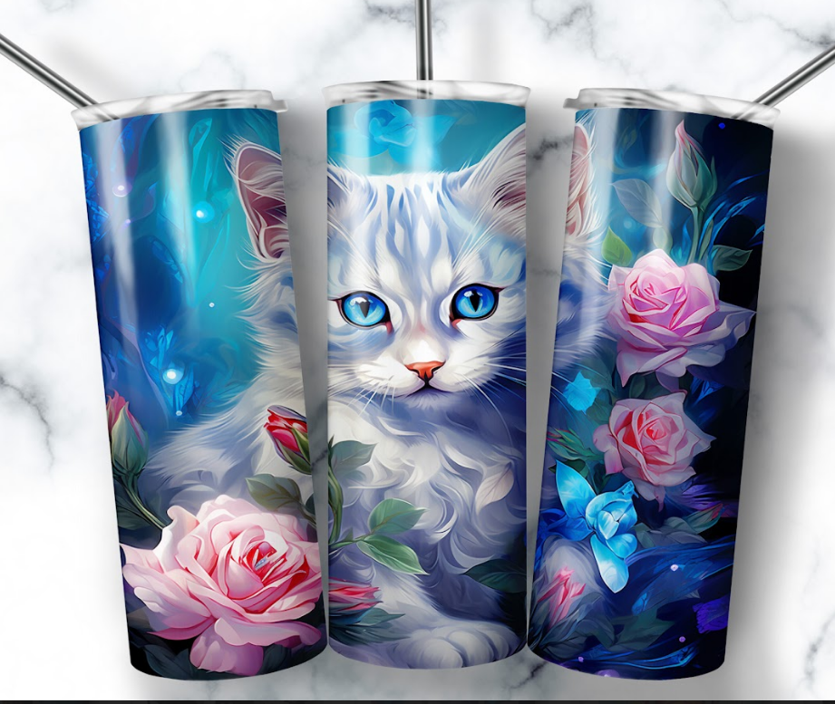 Cat with Pink & Blue Flowers Tumbler