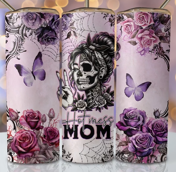 Hot Mess Mom with Butterflies and Flowers Tumbler