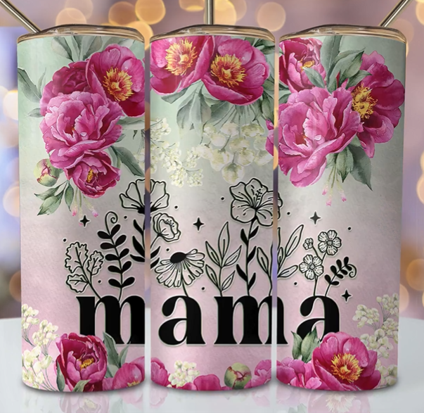 MAMA with Pink & White Flowers Tumbler