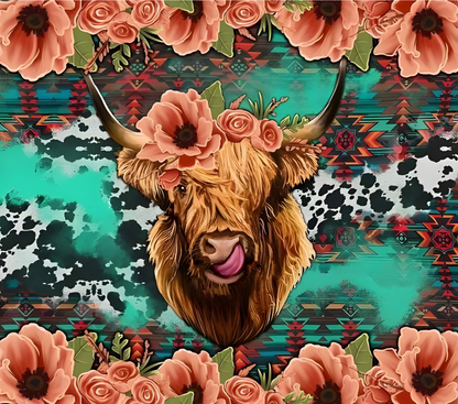 Highland Cow with Pink Flowers and Cow and Tribal Print Tumbler