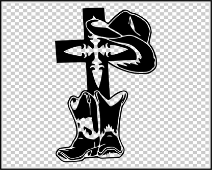 Cowboy Boots, Hat & Cross