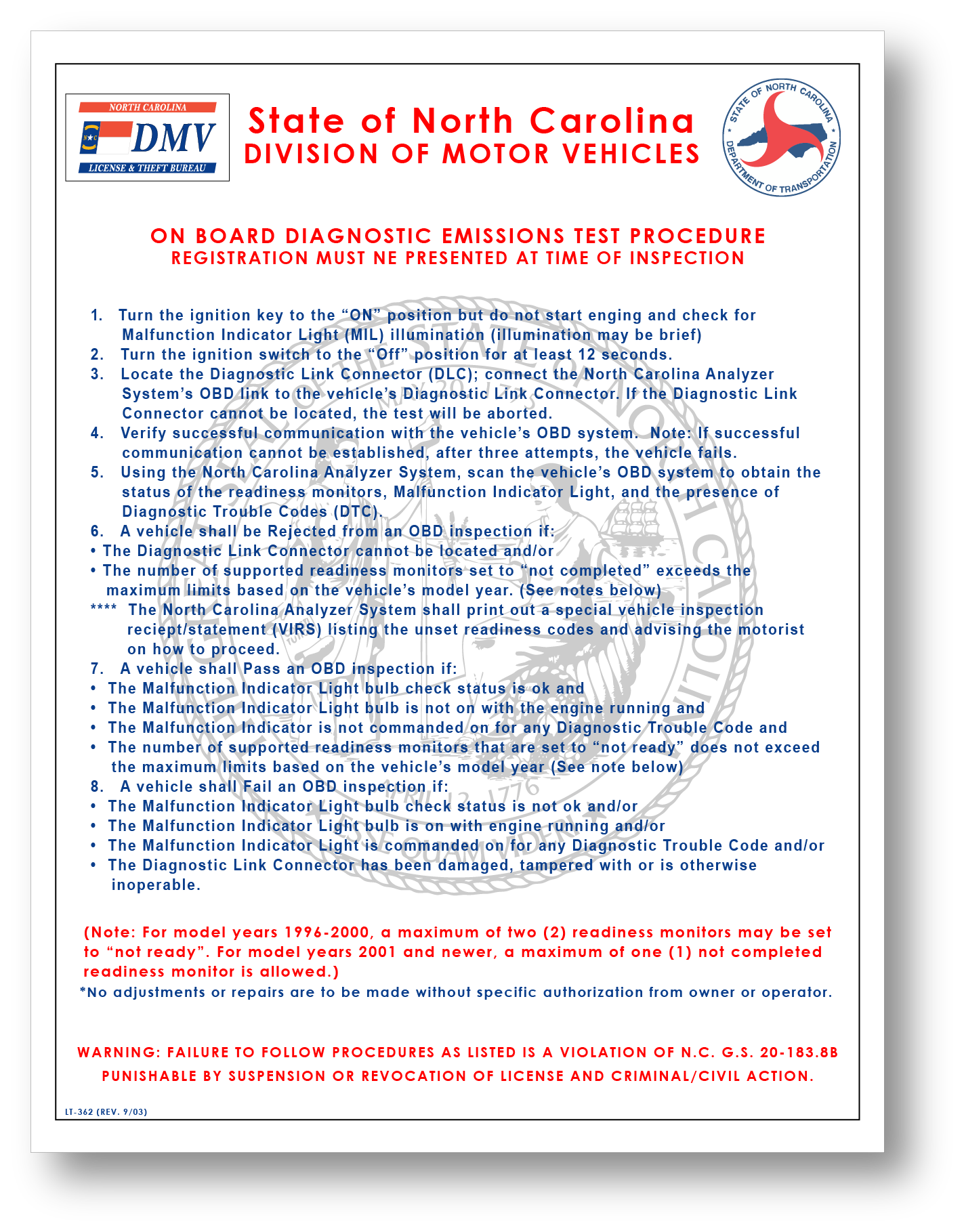 NCDMV Emissions Inspection Procedures Vinyl Sticker – Five Monkey Print ...