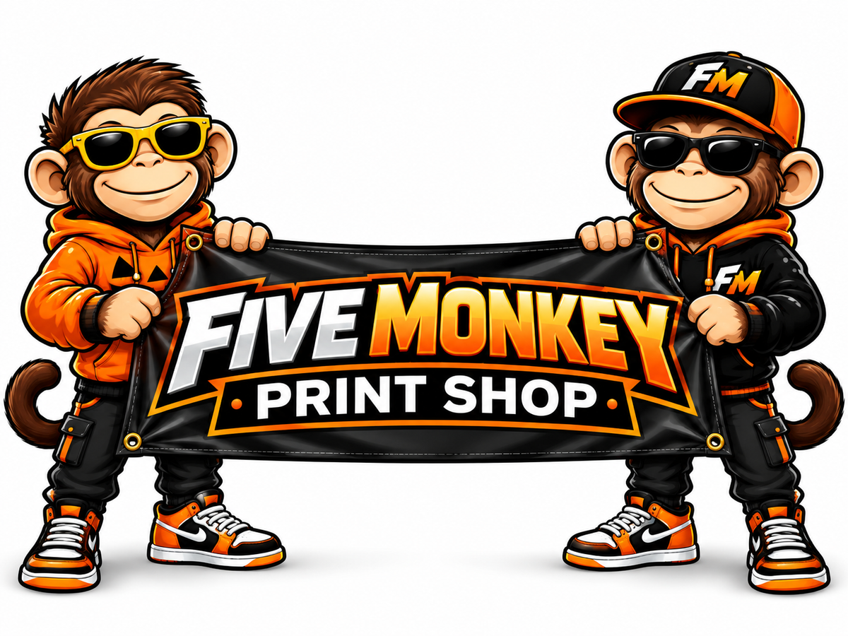 The Five Monkey Print Shop monkeys holding a banner