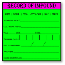 Record of Impound Vinyl Stickers - Forsyth County NC