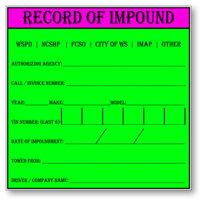 Record of Impound Vinyl Stickers - Forsyth County NC