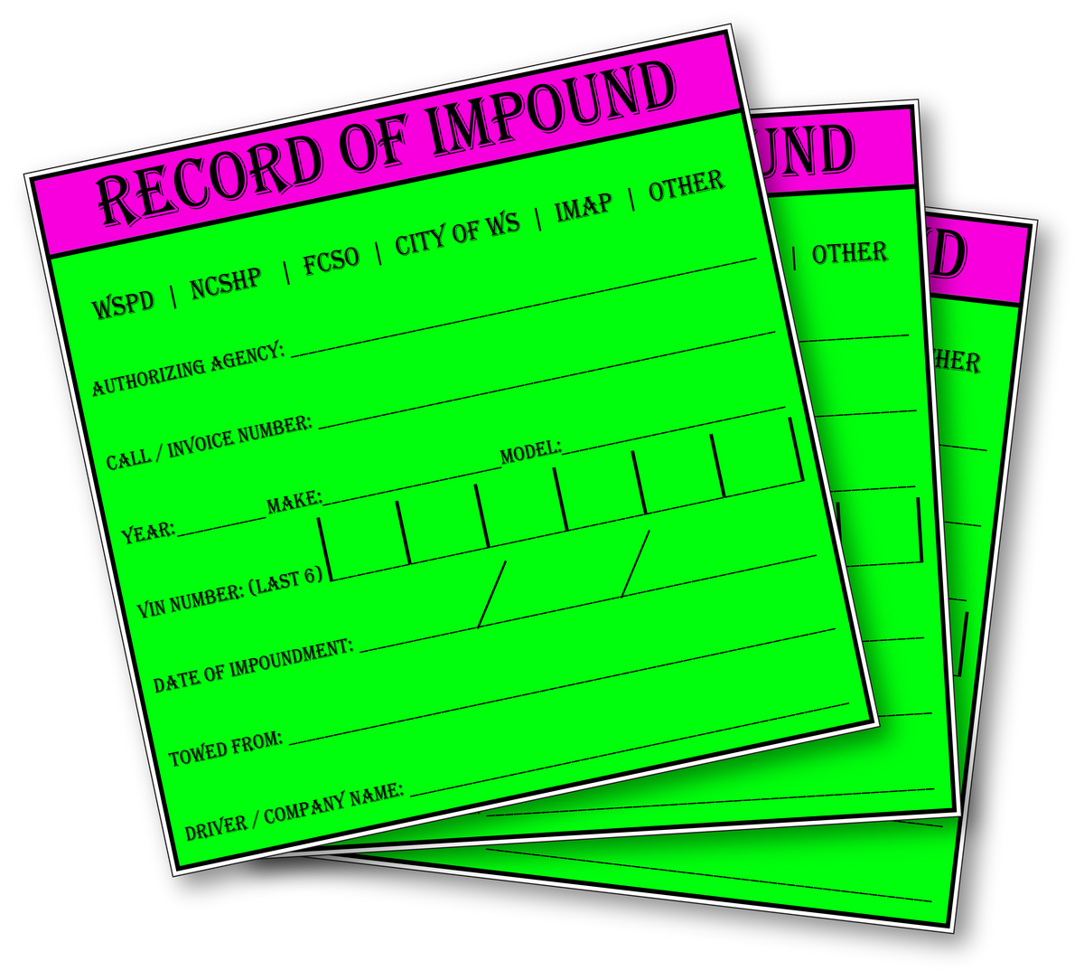 Record of Impound Vinyl Stickers - Forsyth County NC