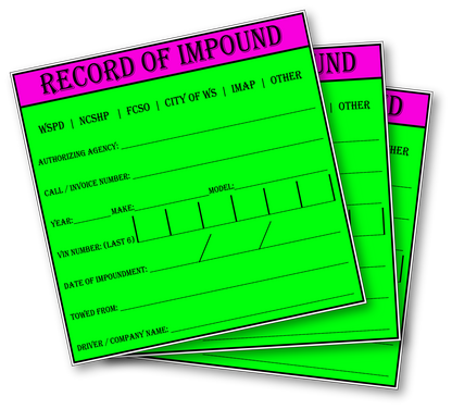 Record of Impound Vinyl Stickers - Forsyth County NC