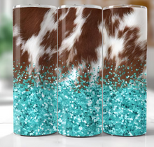 Blue Glitter with Brown Cowhide Tumbler