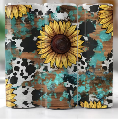 Cow print with Sunflowers and Teal wood Tumbler