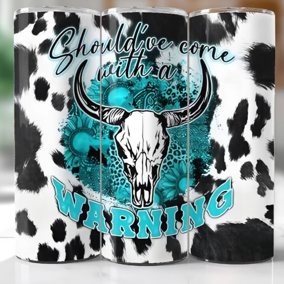 Cow Print with Skull and Teal Warning Tumbler