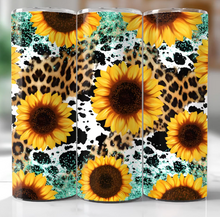 Leopard and Cow Print with Sunflowers and Teal Glitter Tumbler