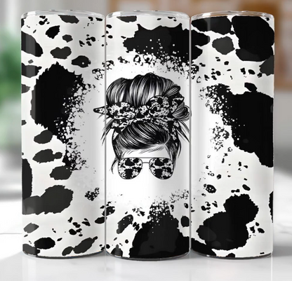 Cow Print with Messy Bun Tumbler