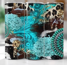 Leopard Print with Cowhide Glitter and Teal Feathers Tumbler