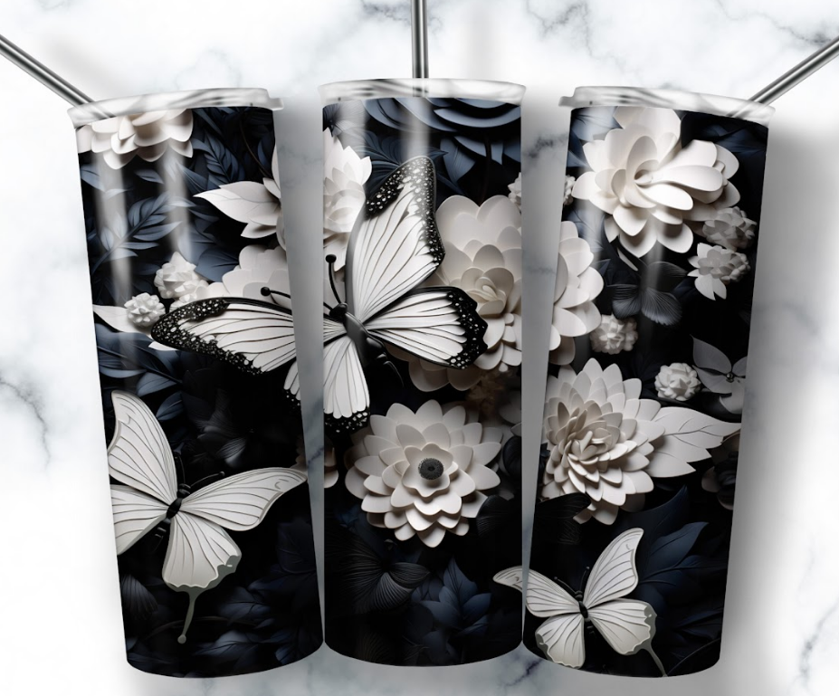 White Butterflies & Flowers Tumbler