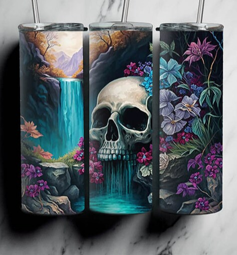 Waterfall with Flowers and Skull Tumbler