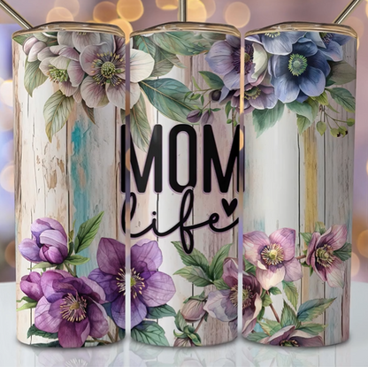 MOM Life with Flowers & Woodgrain Tumbler