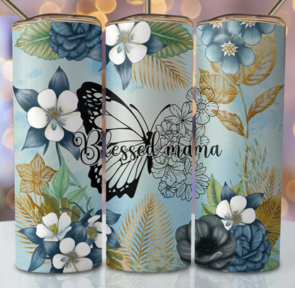 Blessed Mama Butterfly with Flowers Tumbler