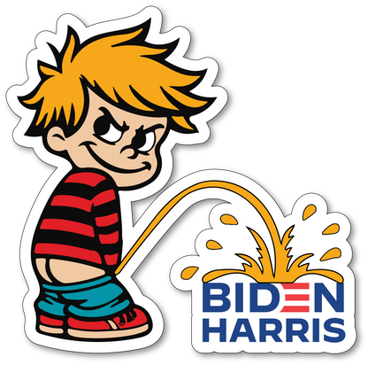 Calvin Pissing on Biden Harris - Vinyl Sticker