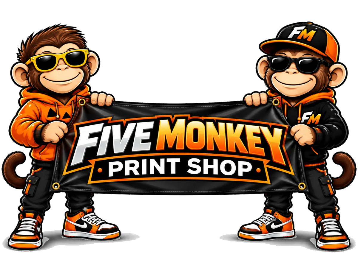 The Five Monkey Print Shop monkeys holding a banner